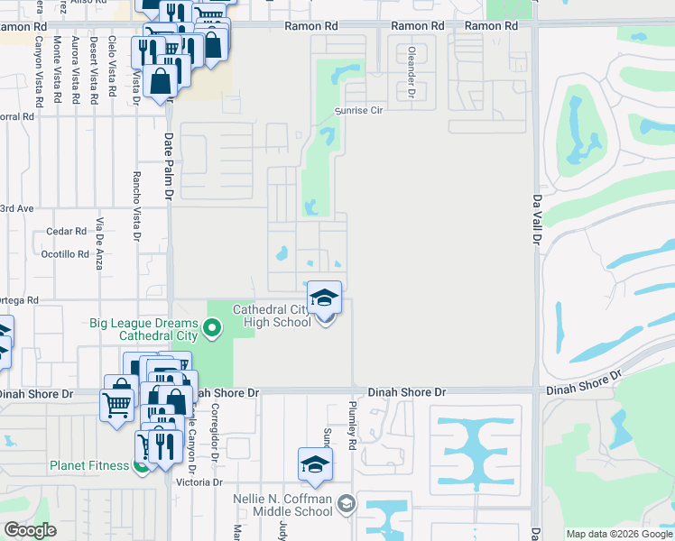 map of restaurants, bars, coffee shops, grocery stores, and more near Ficus Drive in Cathedral City
