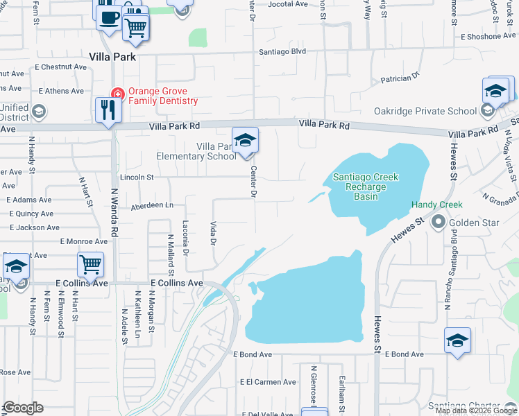 map of restaurants, bars, coffee shops, grocery stores, and more near 18342 Adams Ranch Road in Villa Park