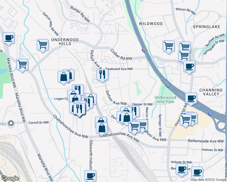 map of restaurants, bars, coffee shops, grocery stores, and more near 1853 Defoor Avenue Northwest in Atlanta