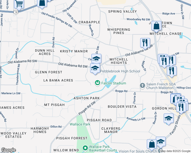 map of restaurants, bars, coffee shops, grocery stores, and more near 991 Old Alabama Road Southwest in Mableton