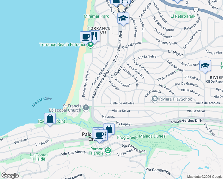 map of restaurants, bars, coffee shops, grocery stores, and more near 311 Vía San Sebastian in Redondo Beach