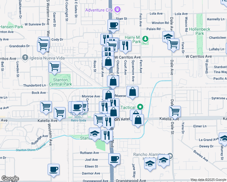 map of restaurants, bars, coffee shops, grocery stores, and more near 10742 Beach Boulevard in Stanton