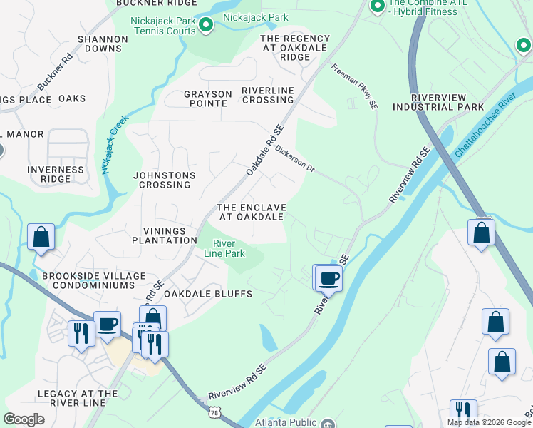 map of restaurants, bars, coffee shops, grocery stores, and more near 6010 Escher Lane in Mableton