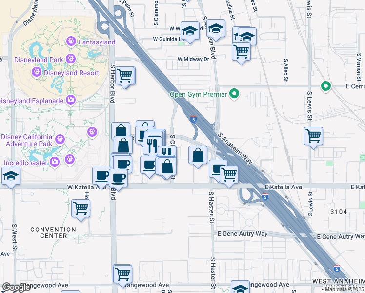 map of restaurants, bars, coffee shops, grocery stores, and more near 1700 South Clementine Street in Anaheim
