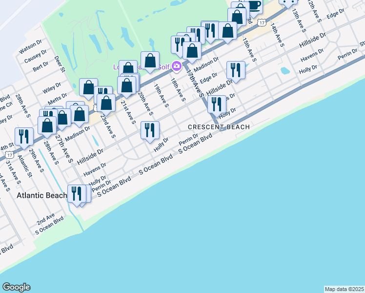 map of restaurants, bars, coffee shops, grocery stores, and more near 1905 South Ocean Boulevard in North Myrtle Beach