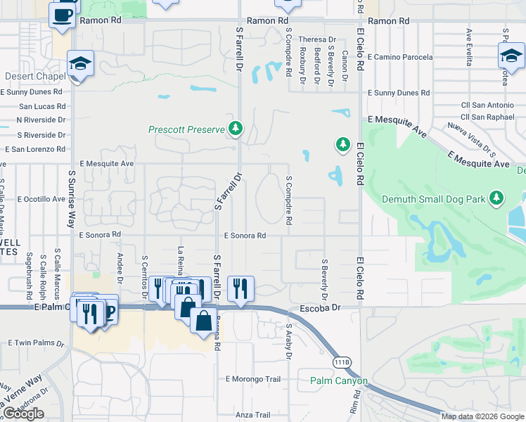 map of restaurants, bars, coffee shops, grocery stores, and more near 2701 East Mesquite Avenue in Palm Springs