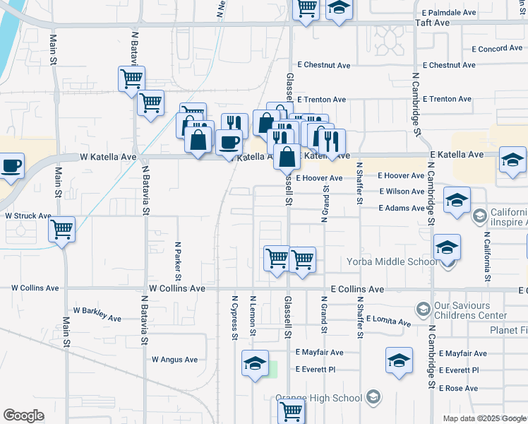 map of restaurants, bars, coffee shops, grocery stores, and more near 218 West Wilson Avenue in Orange