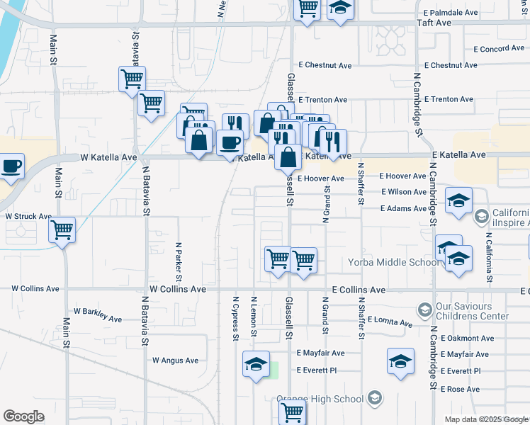map of restaurants, bars, coffee shops, grocery stores, and more near 218 West Wilson Avenue in Orange