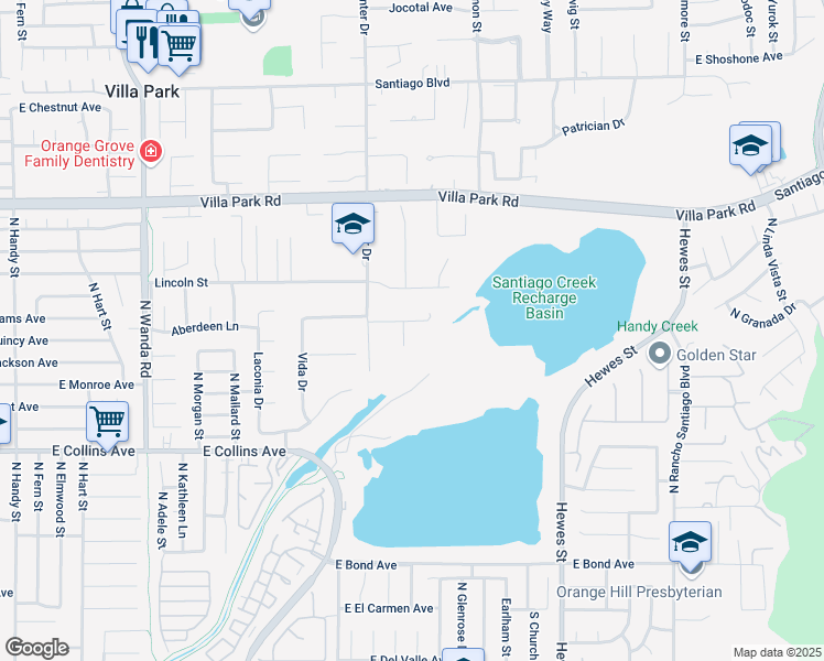 map of restaurants, bars, coffee shops, grocery stores, and more near 10722 Adams Circle in Villa Park