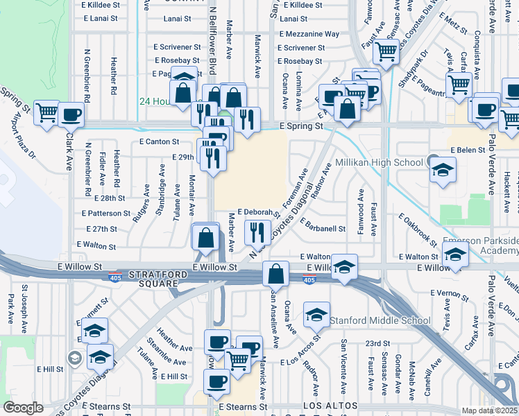 map of restaurants, bars, coffee shops, grocery stores, and more near 5633 East Deborah Street in Long Beach
