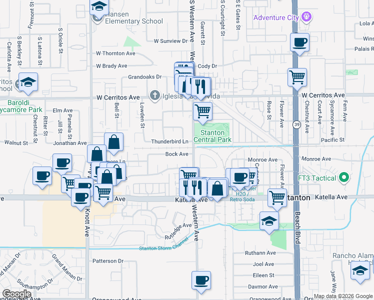map of restaurants, bars, coffee shops, grocery stores, and more near 7455 Bock Avenue in Stanton