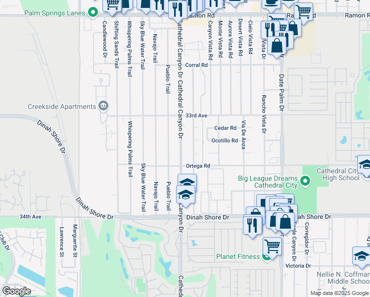 map of restaurants, bars, coffee shops, grocery stores, and more near 33255 Wishing Well Trail in Cathedral City