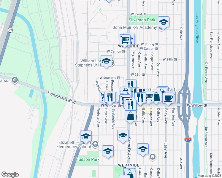 map of restaurants, bars, coffee shops, grocery stores, and more near 2673 Regway Avenue in Long Beach