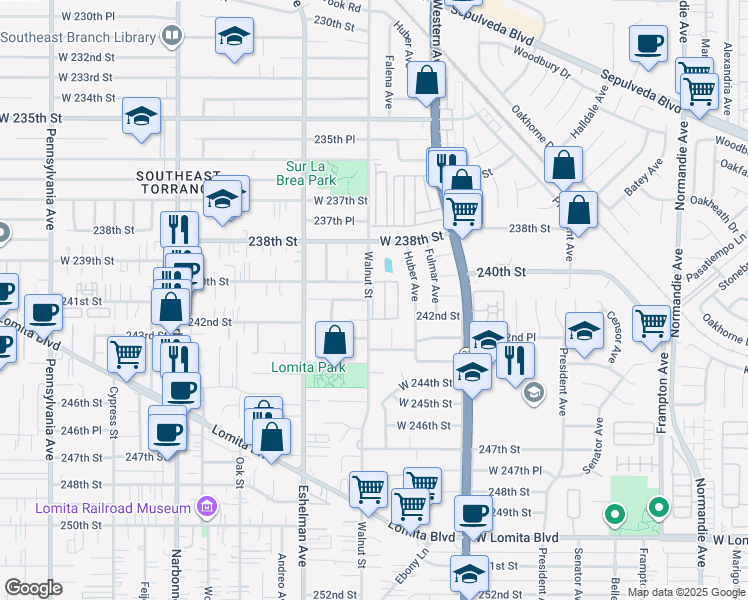 map of restaurants, bars, coffee shops, grocery stores, and more near 24200 Walnut Street in Torrance