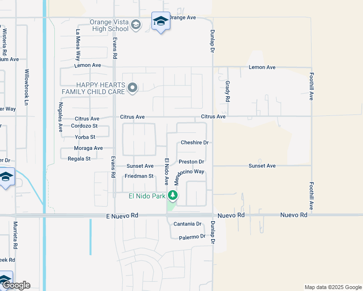 map of restaurants, bars, coffee shops, grocery stores, and more near 1469 Cheshire Drive in Perris