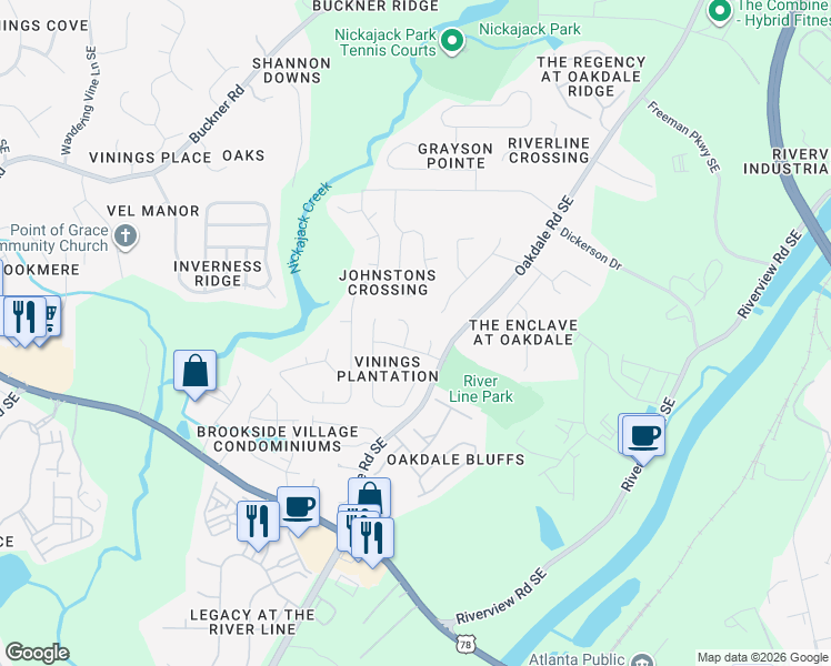 map of restaurants, bars, coffee shops, grocery stores, and more near 5921 Farmcrest Point Southeast in Mableton