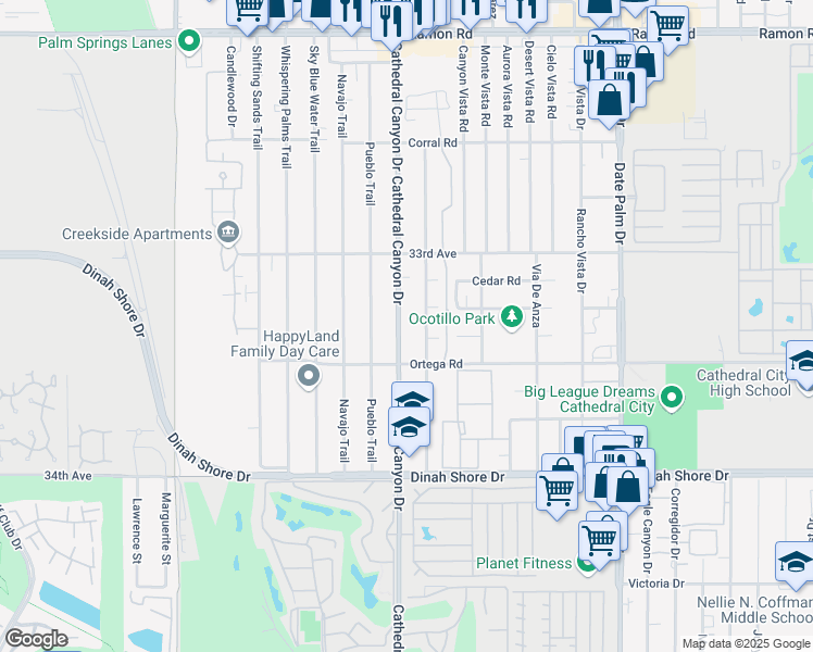 map of restaurants, bars, coffee shops, grocery stores, and more near 33255 Wishing Well Trail in Cathedral City