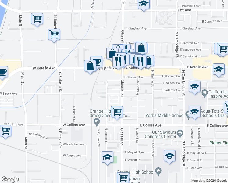 map of restaurants, bars, coffee shops, grocery stores, and more near 16 West Wilson Avenue in Orange