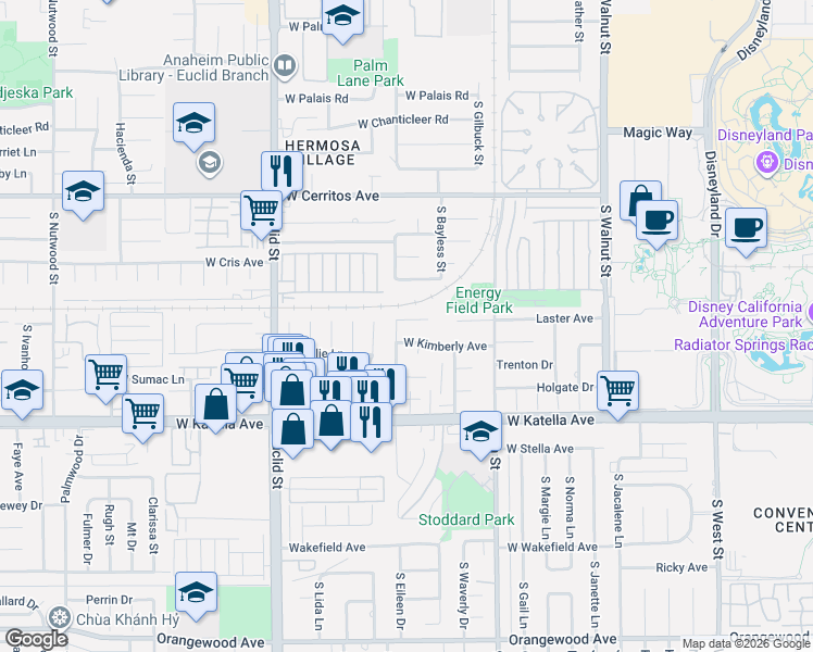 map of restaurants, bars, coffee shops, grocery stores, and more near 1579 West Stoneman Place in Anaheim
