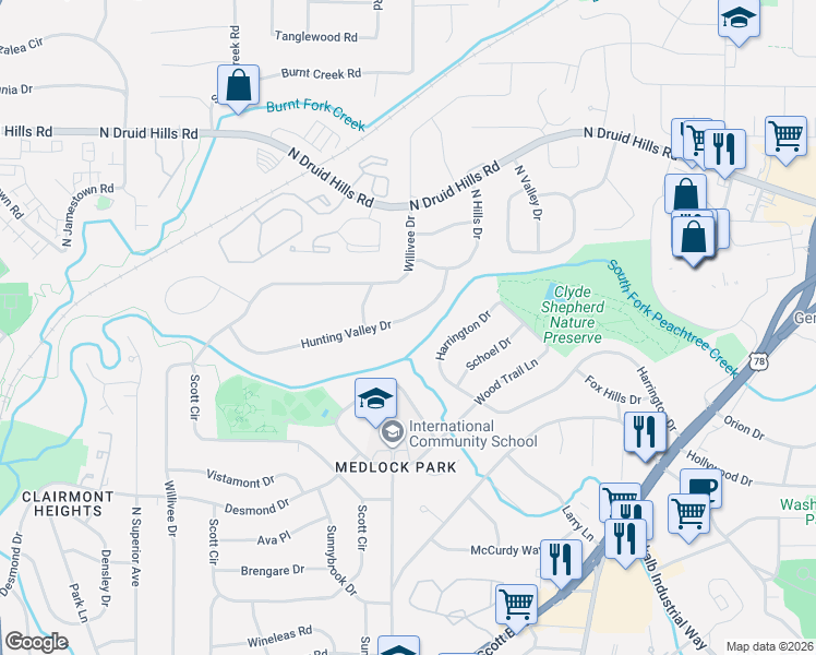 map of restaurants, bars, coffee shops, grocery stores, and more near 2450 Hunting Valley Drive in Decatur