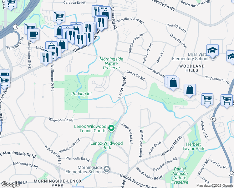 map of restaurants, bars, coffee shops, grocery stores, and more near 1912 Lenox Road Northeast in Atlanta