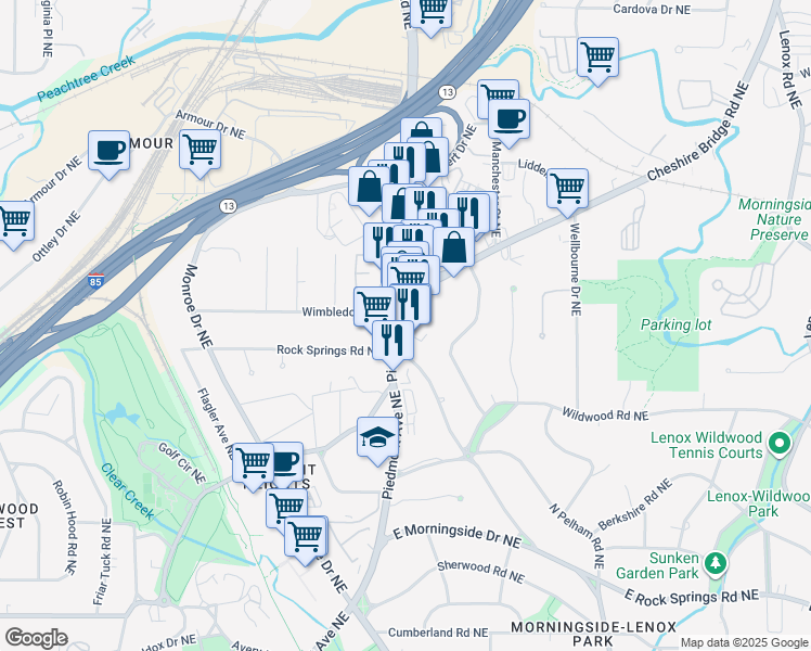 map of restaurants, bars, coffee shops, grocery stores, and more near 588 Wimbledon Road Northeast in Atlanta