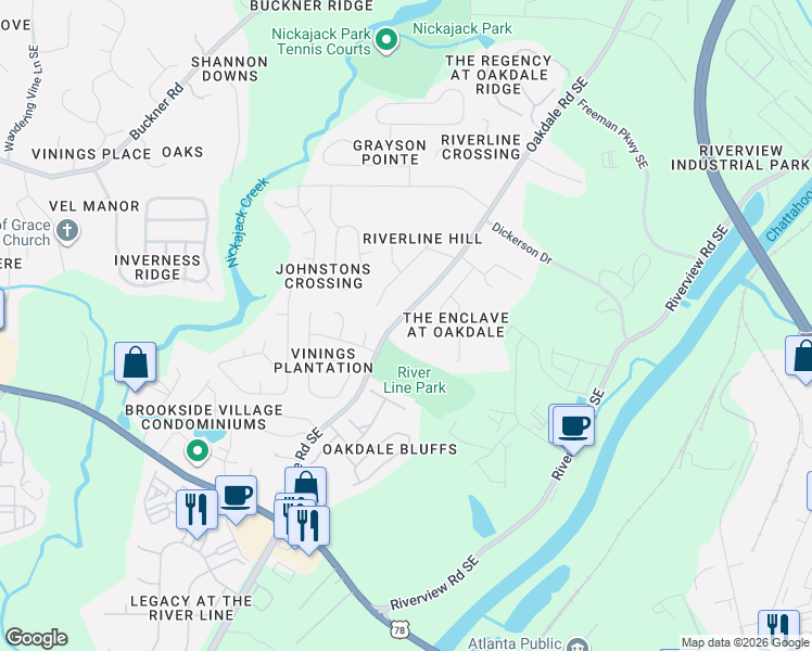 map of restaurants, bars, coffee shops, grocery stores, and more near 5998 Oakdale Road Southeast in Mableton