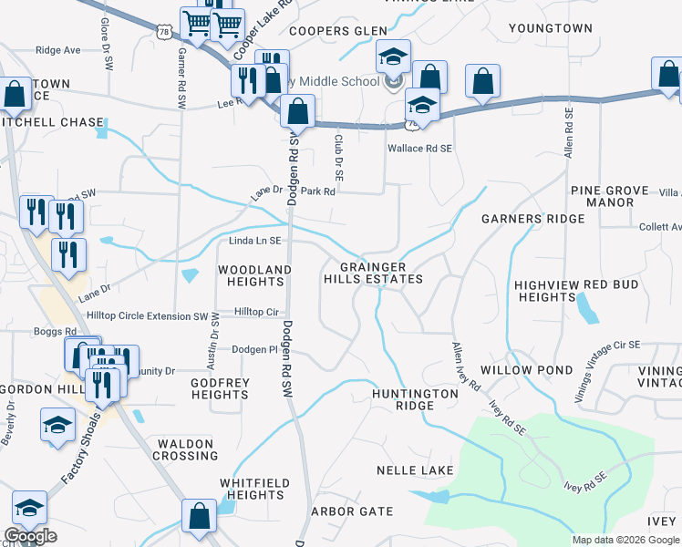 map of restaurants, bars, coffee shops, grocery stores, and more near 49 Sheraton Way Southwest in Mableton