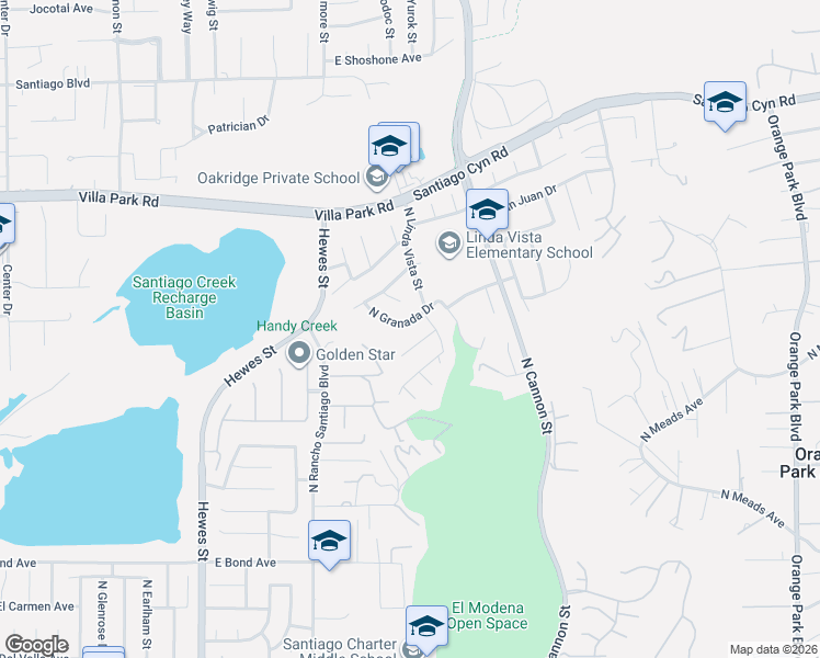 map of restaurants, bars, coffee shops, grocery stores, and more near 1074 North Granada Drive in Orange