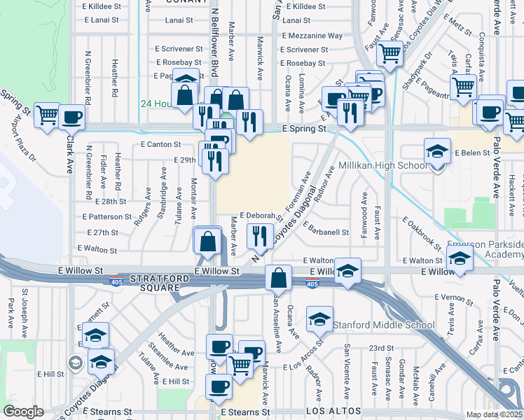 map of restaurants, bars, coffee shops, grocery stores, and more near 5633 East Deborah Street in Long Beach