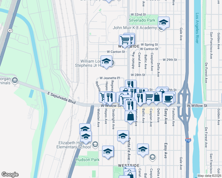 map of restaurants, bars, coffee shops, grocery stores, and more near 2673 Regway Avenue in Long Beach