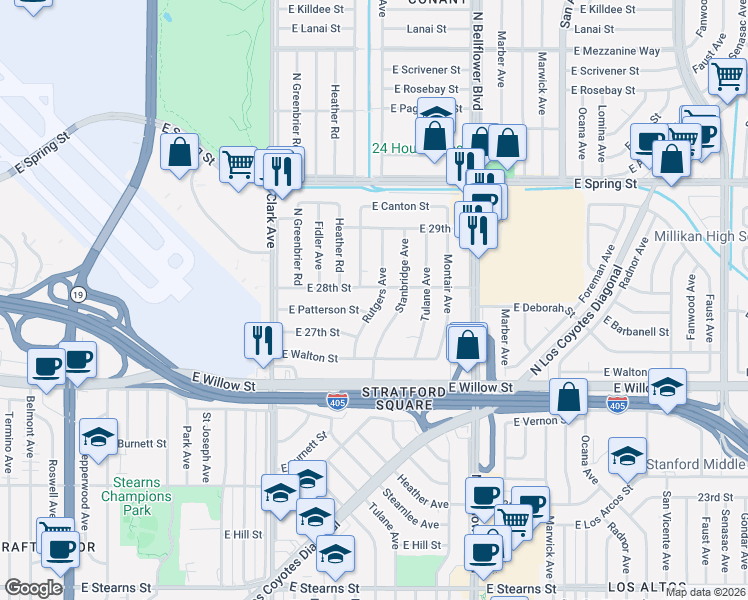 map of restaurants, bars, coffee shops, grocery stores, and more near 2801 Rutgers Avenue in Long Beach
