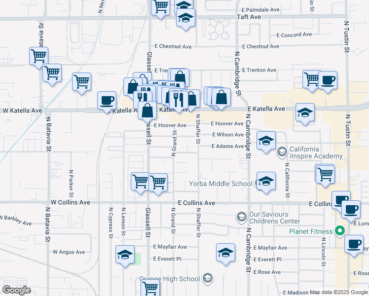 map of restaurants, bars, coffee shops, grocery stores, and more near 314 East Wilson Avenue in Orange