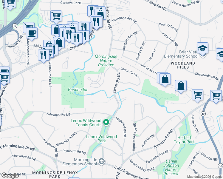map of restaurants, bars, coffee shops, grocery stores, and more near 1912 Lenox Road Northeast in Atlanta