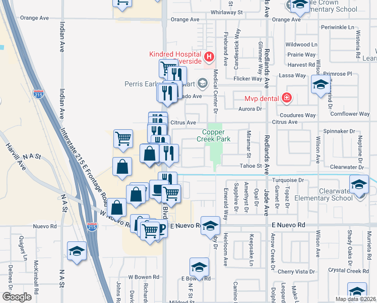 map of restaurants, bars, coffee shops, grocery stores, and more near 129 Olivetree Drive in Perris