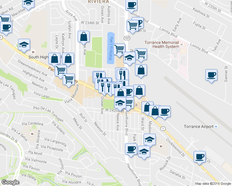 map of restaurants, bars, coffee shops, grocery stores, and more near West 234th Street in Torrance