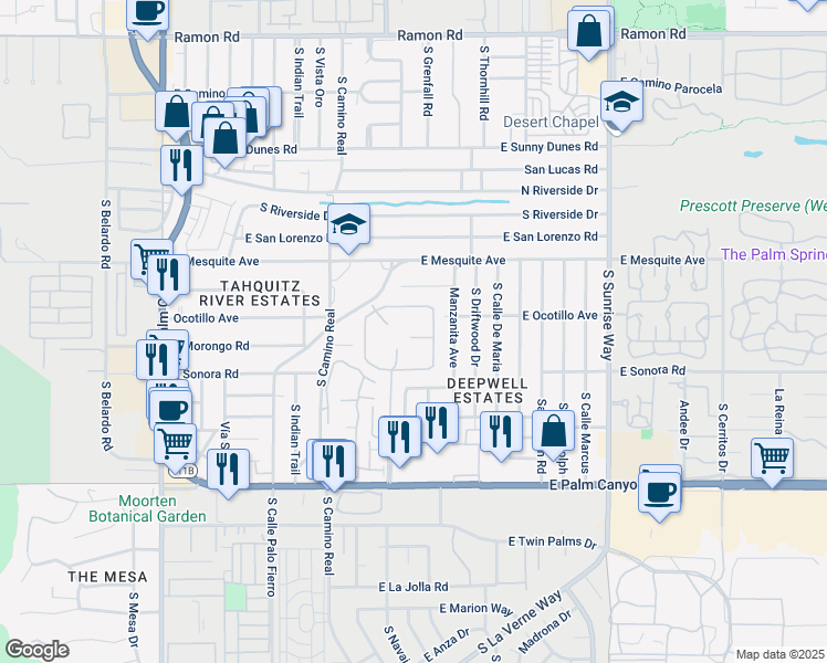 map of restaurants, bars, coffee shops, grocery stores, and more near 1215 Primavera Drive South in Palm Springs
