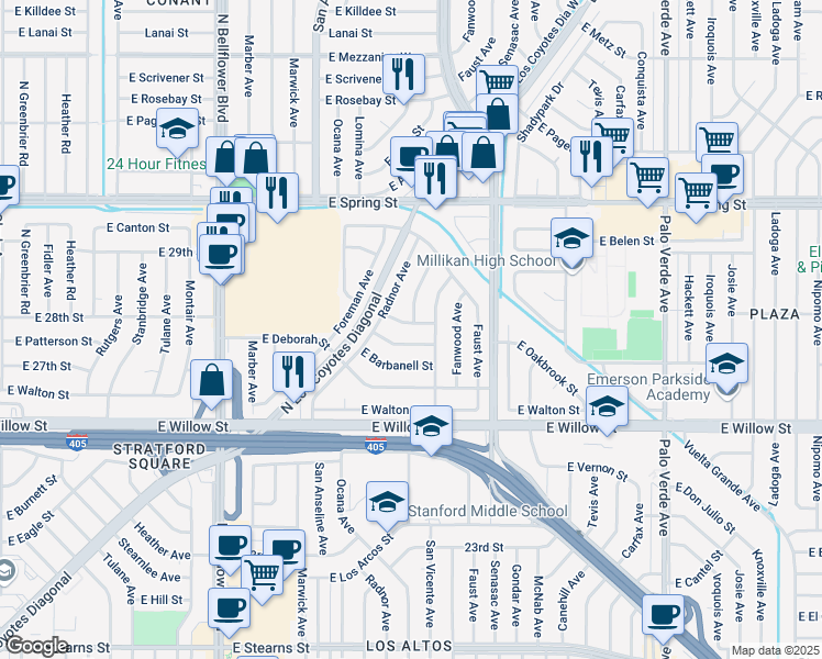 map of restaurants, bars, coffee shops, grocery stores, and more near 2808 Albury Avenue in Long Beach