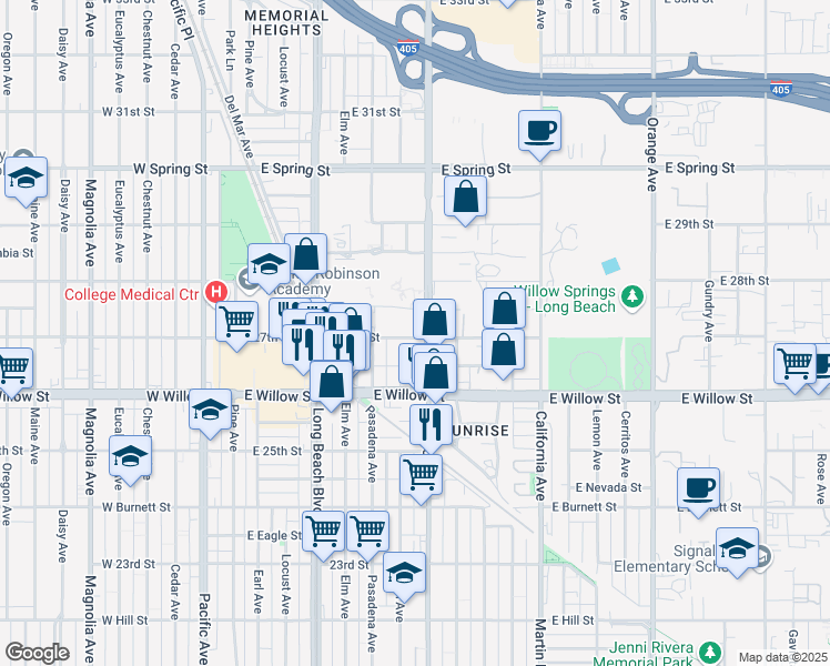map of restaurants, bars, coffee shops, grocery stores, and more near 2701 Atlantic Avenue in Long Beach