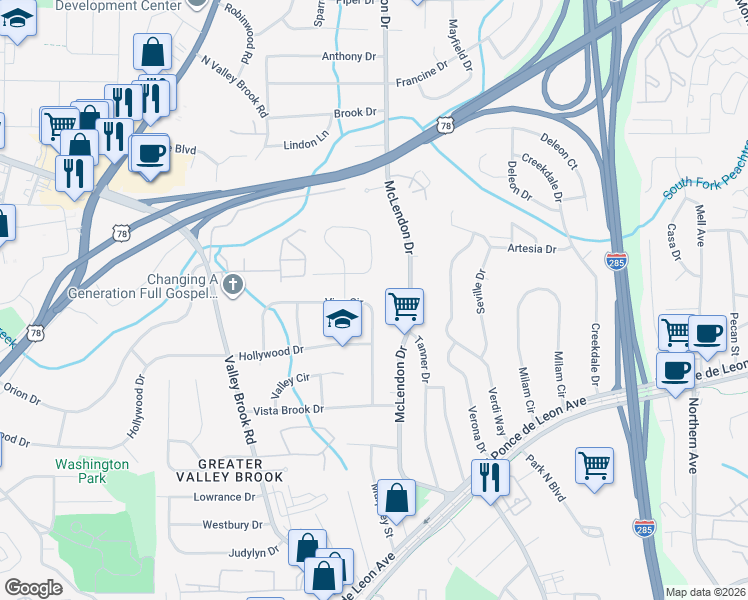 map of restaurants, bars, coffee shops, grocery stores, and more near 3116 Vine Circle in Decatur