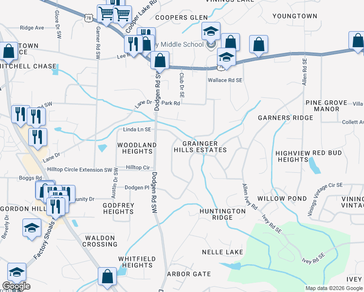 map of restaurants, bars, coffee shops, grocery stores, and more near 49 Sheraton Way Southwest in Mableton