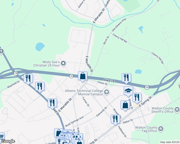 map of restaurants, bars, coffee shops, grocery stores, and more near 600 East Marable Street in Monroe