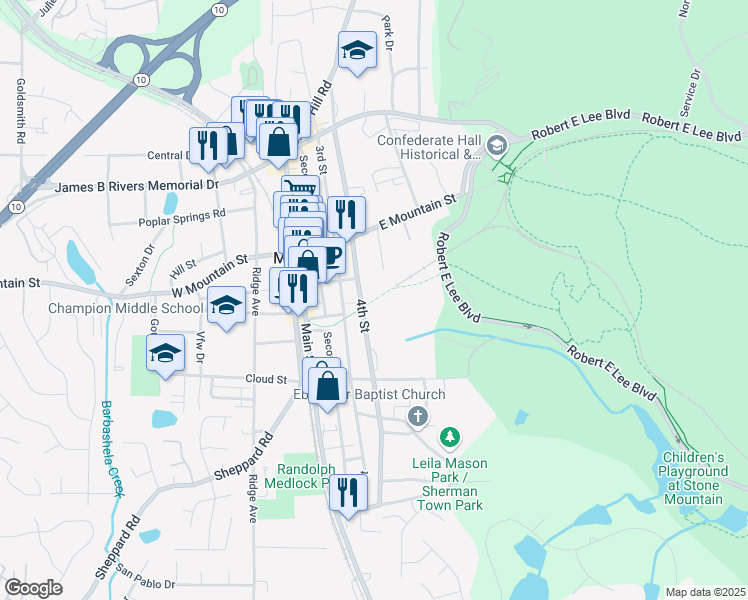 map of restaurants, bars, coffee shops, grocery stores, and more near Stone Mountain Trail in Stone Mountain