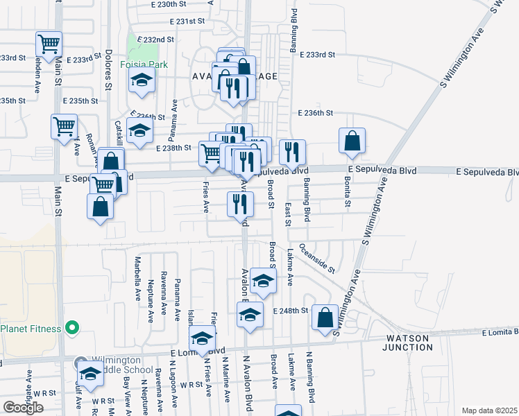 map of restaurants, bars, coffee shops, grocery stores, and more near 624 East Pacific Street in Carson
