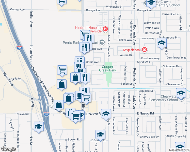 map of restaurants, bars, coffee shops, grocery stores, and more near 129 Olivetree Drive in Perris