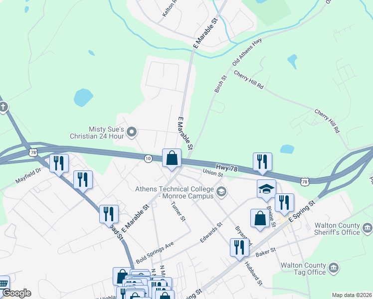 map of restaurants, bars, coffee shops, grocery stores, and more near 600 East Marable Street in Monroe