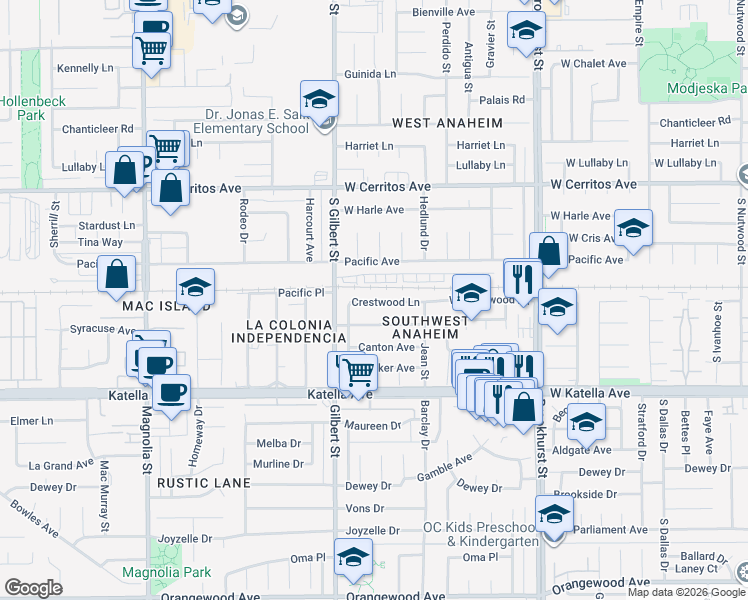 map of restaurants, bars, coffee shops, grocery stores, and more near 9581 Crestwood Ln in Anaheim
