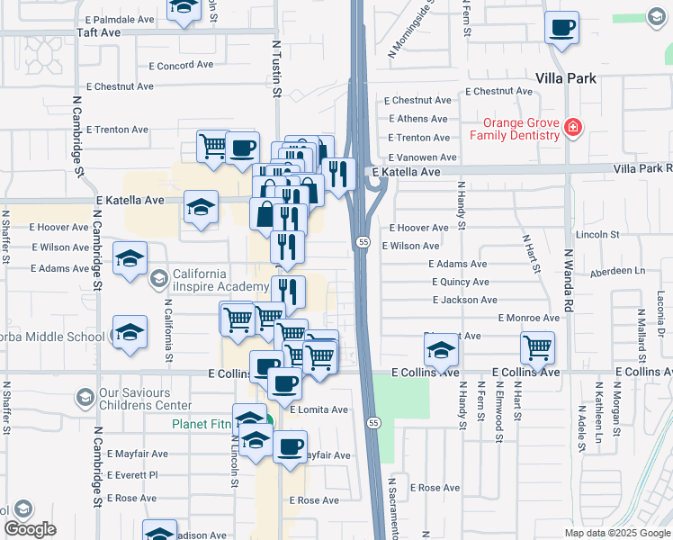 map of restaurants, bars, coffee shops, grocery stores, and more near 1944 East Wilson Avenue in Orange