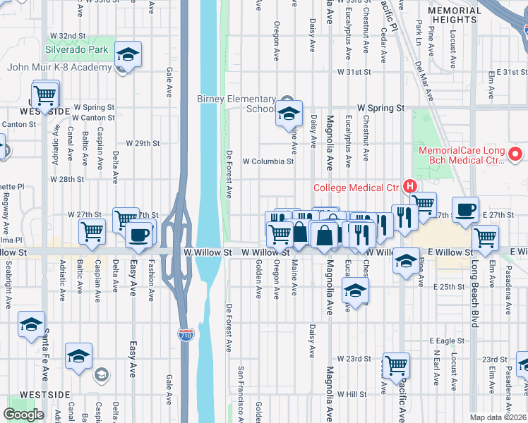 map of restaurants, bars, coffee shops, grocery stores, and more near 2741 Oregon Avenue in Long Beach