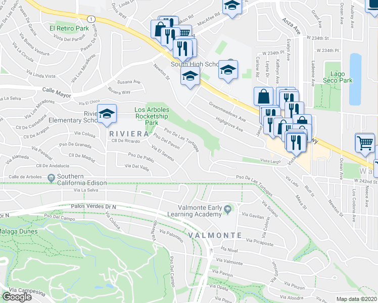 map of restaurants, bars, coffee shops, grocery stores, and more near 5009 Vista Del Vegas in Torrance
